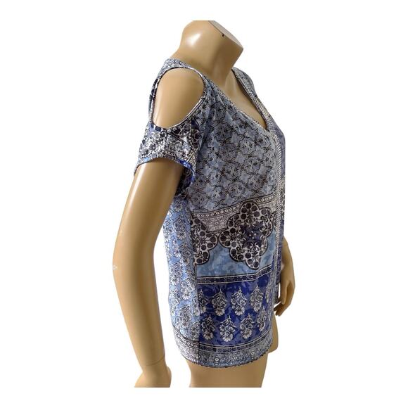 INC Womens Size Large Sheer Embellished V Neck Tribal Boho Cold Shoulder Shirt - Picture 3 of 7